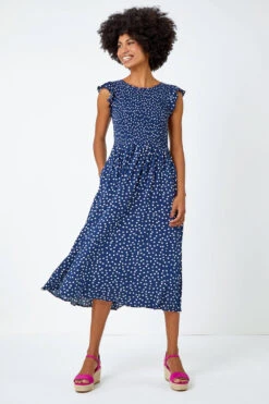 Navy Frill Sleeve Spot Shirred Midi Dress