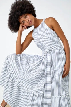 Blue Tiered Cotton Halter Neck Stripe Dress