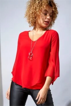 Orange Chiffon Jersey Blouson Top With Necklace -Outlet Modi Qube Store 958923ea fcbb 4fb6 b422 88ea3a4d3386