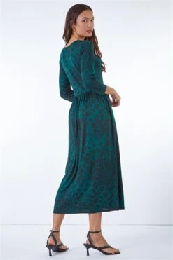 Green Ditsy Gathered Skirt Stretch Midi Dress