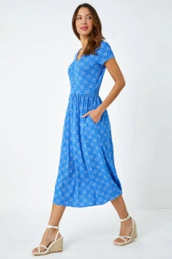 Royal Blue Tile Print Midi Stretch Dress