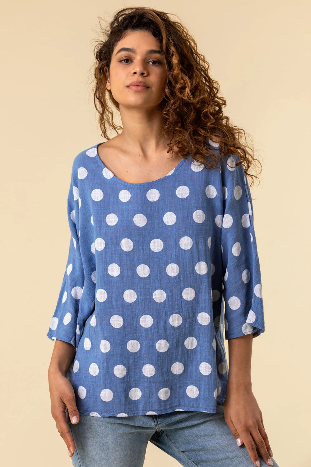 Denim Spot Print 3/4 Sleeve Top 3 Denim Spot Print 3/4 Sleeve Top