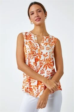 Orange Sleeveless Floral Print Shirred Dress