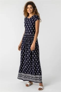 Black Petite Border Print Stretch Midi Dress