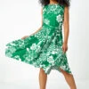Green Petite Tie Waist Floral Stretch Dress