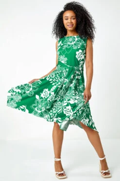 Green Petite Tie Waist Floral Stretch Dress