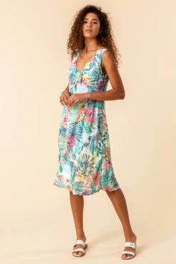 Green Burnout Tropical Print Stretch Dress