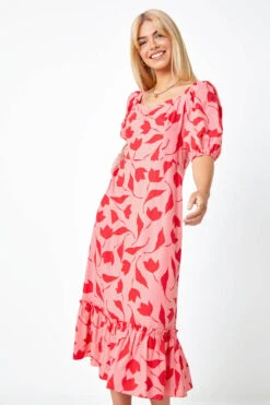 Pink Floral Print Frill Hem Midi Dress 10 Pink Floral Print Frill Hem Midi Dress -Outlet Modi Qube Store 9a255c8a c576 45f1 808e cc82bae279e4