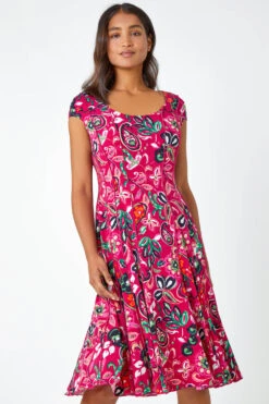Fuchsia Paisley Print Panelled Stretch Dress