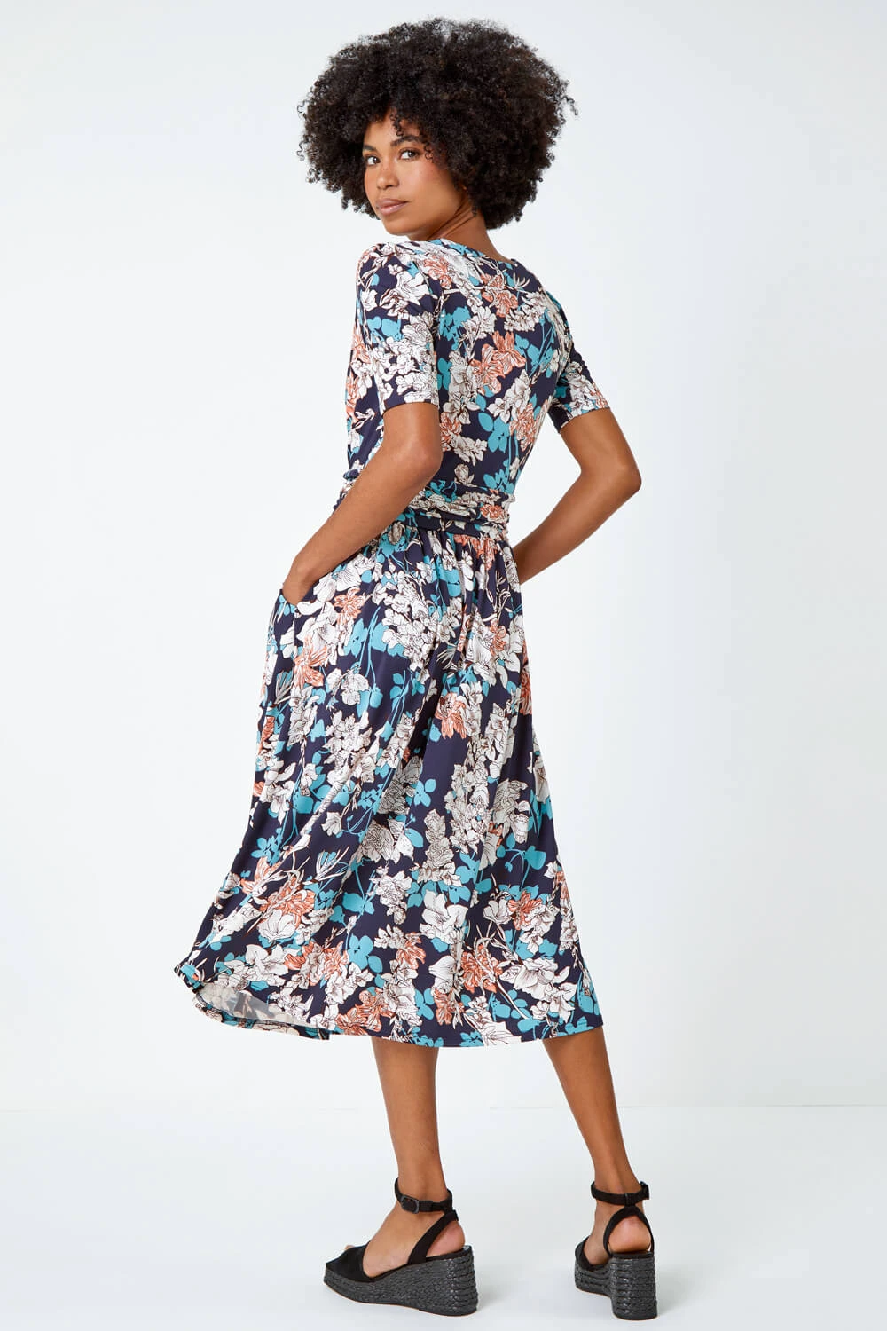 Teal Floral Print Ruched Waist Wrap Dress 5 Teal Floral Print Ruched Waist Wrap Dress - Image 3
