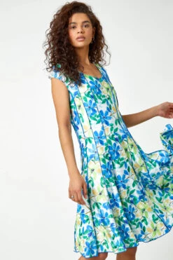 Blue Floral Garden Print Panel Dress