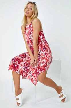 Red Sleeveless Aztec Print Midi Stretch Dress