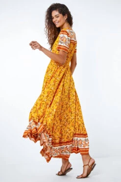 Yellow Floral Print Shirred Waist Maxi Dress -Outlet Modi Qube Store 9d916833 d681 48e2 8237 a9e558557f82