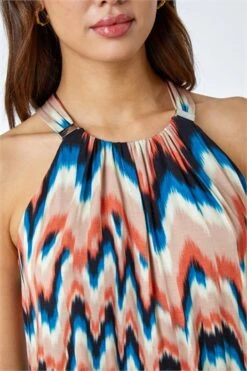 Blue Abstract Print Halterneck Dress