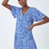 Blue Petite Leaf Print Midi Stretch Dress