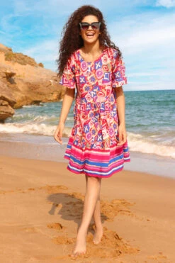 Magenta Printed Frill Sleeve Tiered Smock Dress