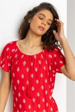 Red Ditsy Floral Print Stretch Top