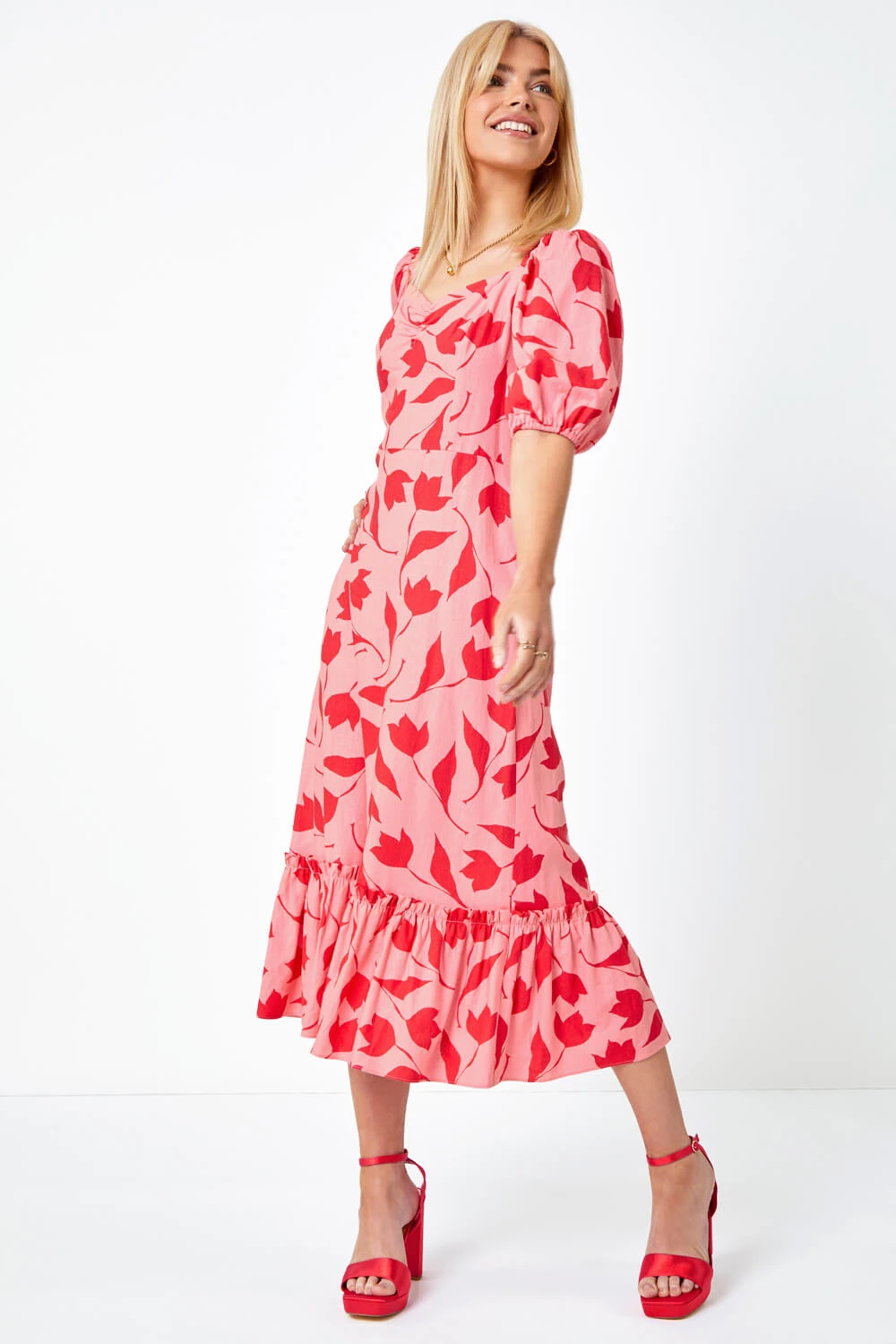 Pink Floral Print Frill Hem Midi Dress 4 Pink Floral Print Frill Hem Midi Dress - Image 2
