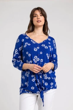 Blue Curve Floral Print Button Down Tie Top
