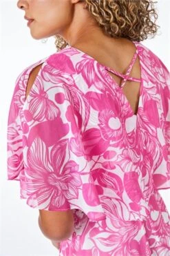 Pink Petite Tropical Print Smock Dress