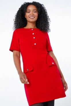 Red Petite Button Detail Shift Dress -Outlet Modi Qube Store a16f4ce4 9d9c 4009 b984 b7386c37c878