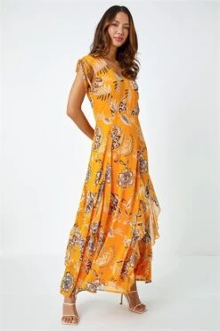 Yellow Sleeveless Floral Halter Neck Midi Dress -Outlet Modi Qube Store a174aa5d 21d4 456a 81c1 fb3944374c0b