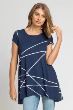 Navy Linear Print Hanky Hem Top