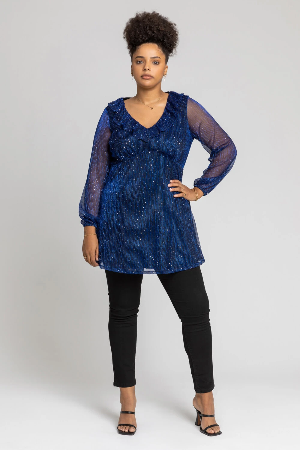 Royal Blue Curve Metallic Plisse Frill Neck Tunic Top 5 Royal Blue Curve Metallic Plisse Frill Neck Tunic Top - Image 3