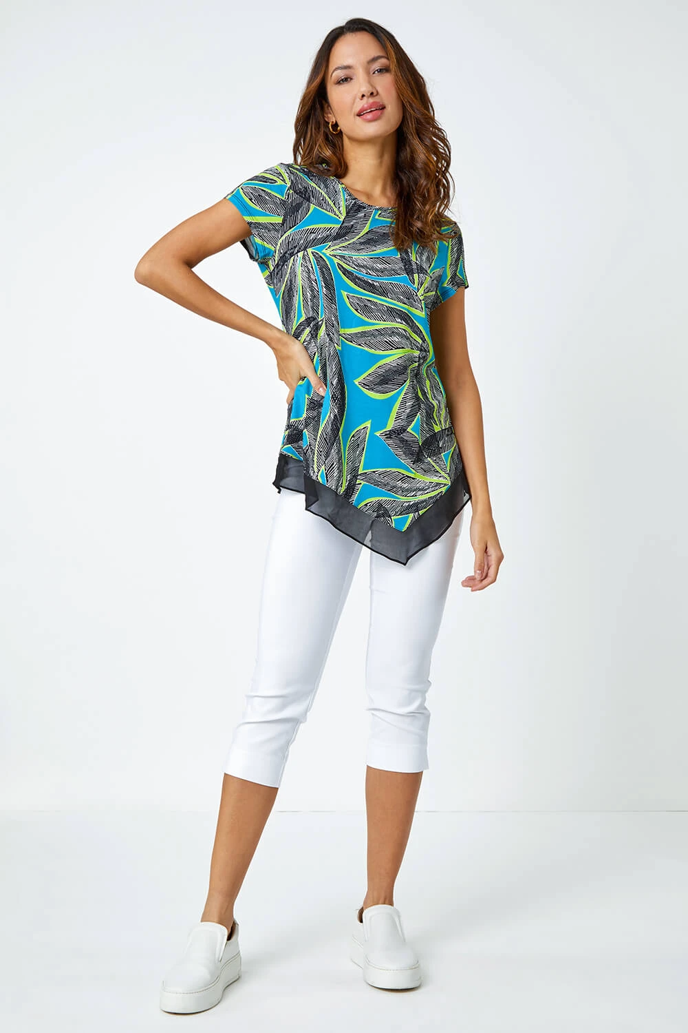 Turquoise Palm Leaf Chiffon Hem Asymmetric Top 4 Turquoise Palm Leaf Chiffon Hem Asymmetric Top - Image 2