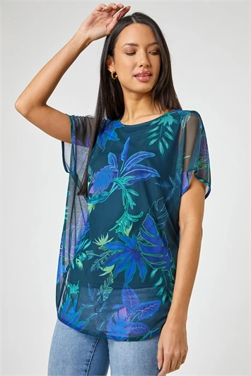 Navy Floral Print Mesh Overlay Top 5 Navy Floral Print Mesh Overlay Top - Image 3
