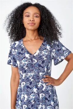 Blue Petite Floral Ruched Stretch Tea Dress