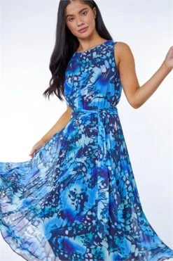Blue Petite Floral Print Pleated Midi Dress