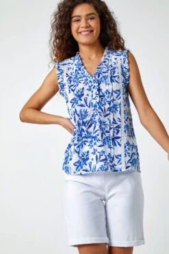 Blue Sleeveless Floral Print Ruffle Blouse