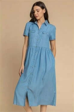 Blue Floral Print Frill Hem Shirt Dress