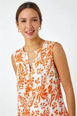 Orange Sleeveless Floral Print Shirred Dress -Outlet Modi Qube Store a90c6dbd 499b 4b50 bccb 6608d202d008
