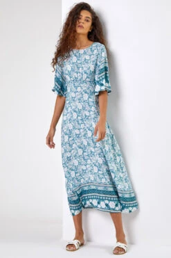 Light Blue Floral Border Print Midi Dress