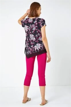 Black Floral Chiffon Hem Stretch Top