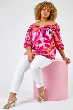 Fuchsia Curve Tropical Leaf Print Frill Detail Bardot Top -Outlet Modi Qube Store aed4e45c b33d 4d42 b57a a9a3794dcc71