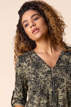 Khaki Ditsy Floral Print Zip Top -Outlet Modi Qube Store af39517b 1175 4de7 91c4 45a2dc00c1c2