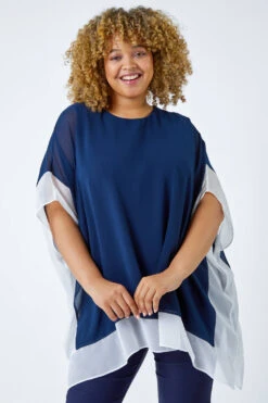 Navy Curve Chiffon Overlay Top