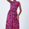 Fuchsia Abstract Print Gathered Skirt Midi Dress