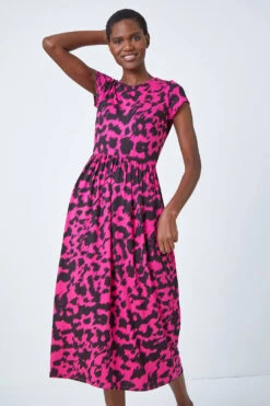 Fuchsia Abstract Print Gathered Skirt Midi Dress