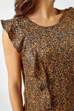 Beige Animal Print Cold Shoulder Stretch Top