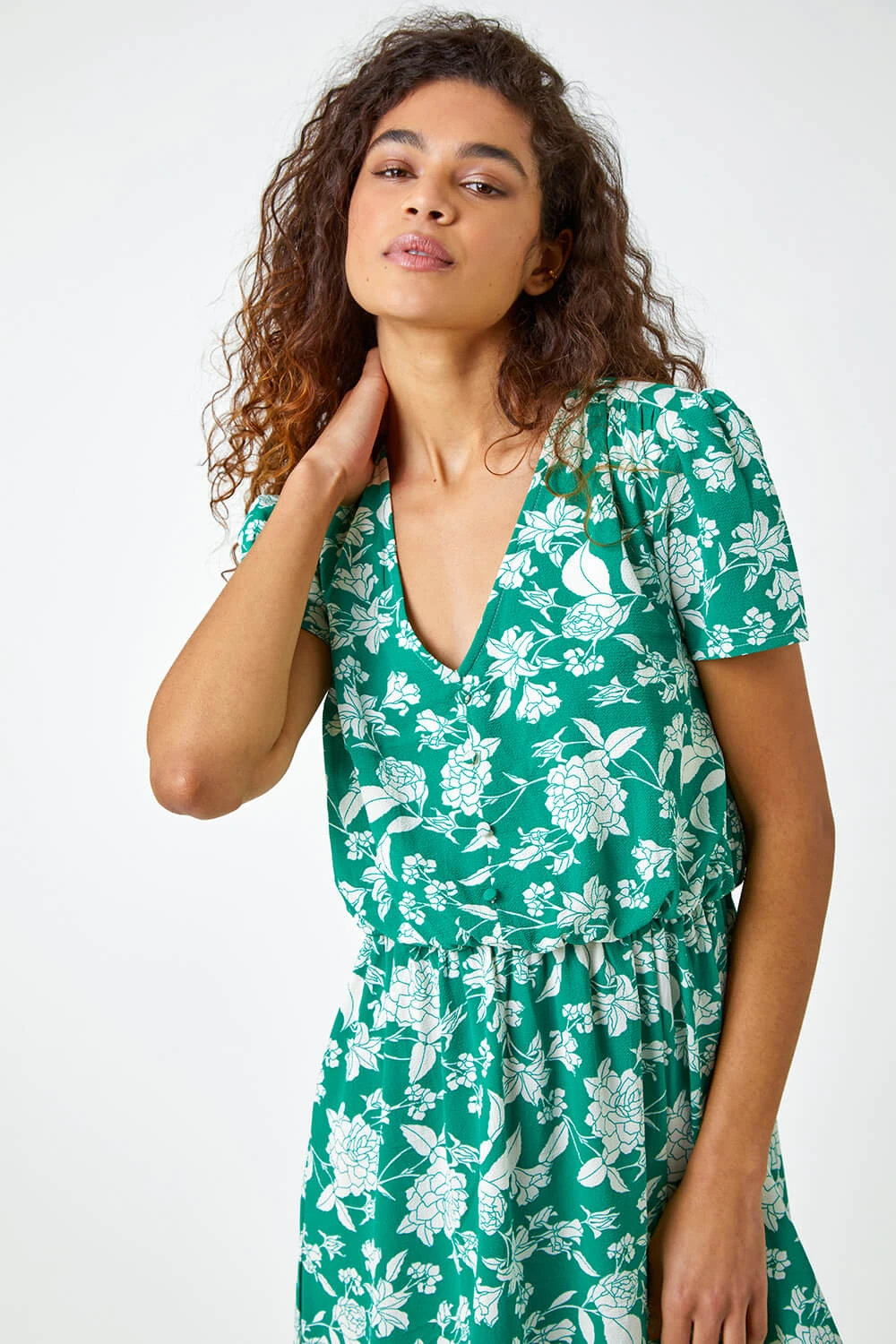 Green Floral Button Through Midi Dress 6 Green Floral Button Through Midi Dress - Image 4