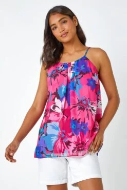 Pink Floral Print Chiffon Cami Top