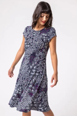 Navy Ditsy Floral Print Jersey Dress