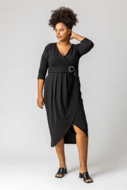 Black Curve Buckled Belt Wrap Dress
