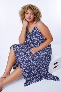 Navy Curve Ditsy Floral Hanky Hem Dress