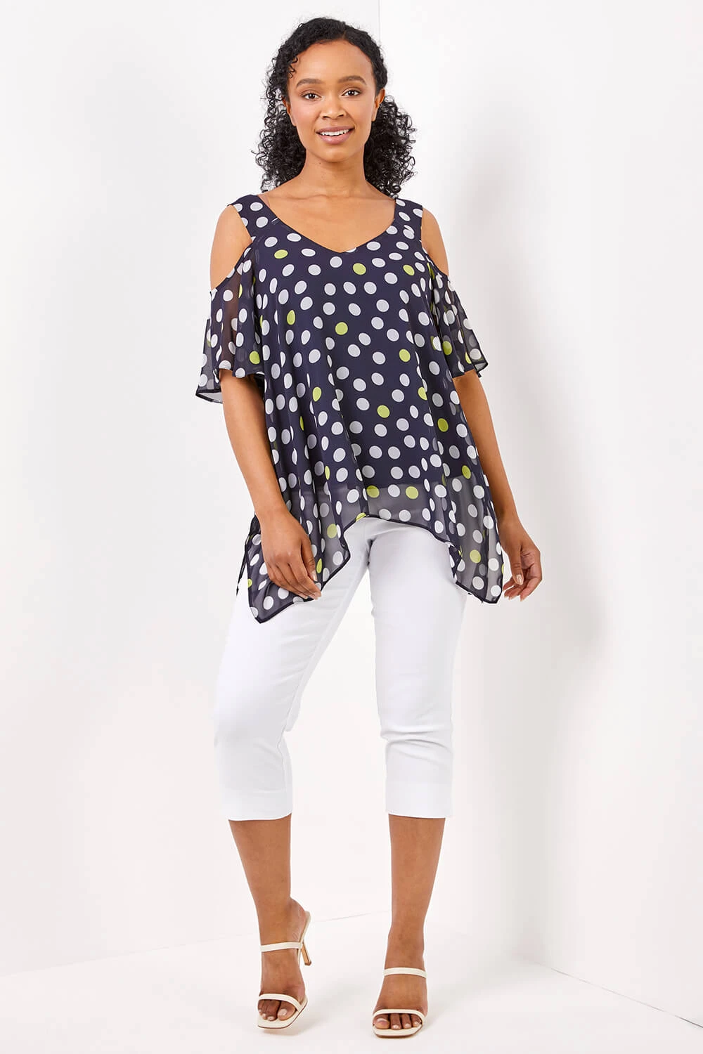 Navy Petite Cold Shoulder Spot Hanky Hem Top 5 Navy Petite Cold Shoulder Spot Hanky Hem Top - Image 3