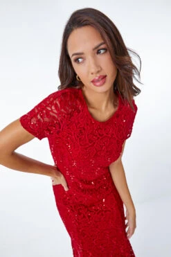 Red Leaf Lace Sequin Midi Dress -Outlet Modi Qube Store b4397c33 f845 44e4 9c07 0bebd8e50b12